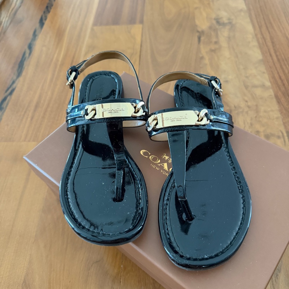 Coach Caterine Black Patent Leather T-Strap Sandals with Gold Accent - Picture 2 of 5